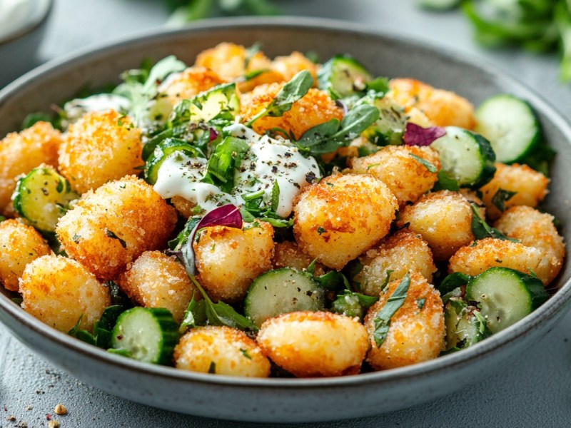 Eine Schüssel knuspriger Gnocchi-Salat mit Joghurt-Dressing.