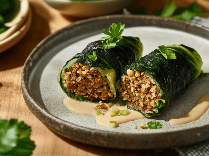 Zwei aufgeschnittene Kohlrouladen mit Walnüssen liegen auf einem grauen Teller. Sie sind mit einer hellen Soße und ein paar frischen Kräutern garniert. Der Teller steht auf einem Holztisch. Links daneben liegen noch weitere Walnüsse. Hinten links im Bild sieht mann weitere Wirsingblätter.