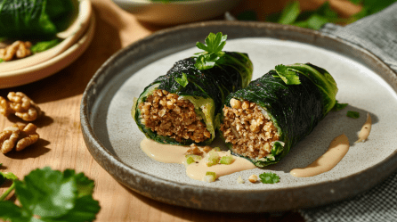 Zwei aufgeschnittene Kohlrouladen mit Walnüssen liegen auf einem grauen Teller. Sie sind mit einer hellen Soße und ein paar frischen Kräutern garniert. Der Teller steht auf einem Holztisch. Links daneben liegen noch weitere Walnüsse. Hinten links im Bild sieht mann weitere Wirsingblätter.