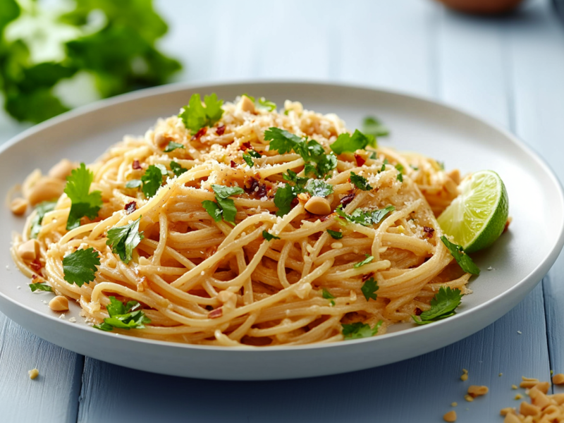Ein großer Teller Kokos-Limetten-Pasta garniert mit frischem Koriander, Chiliflocken und gehackten Erdnüssen. Auf dem Teller liegt noch ein Stück frische Limette. Um den Teller verstreut liegen weitere gehackte Erdnüsse, Limetten und Koriander. Der Teller steht auf einem hellen Holzuntergrund.