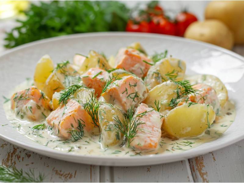 Teller mit Kartoffeln in Dill-Sahnesoße