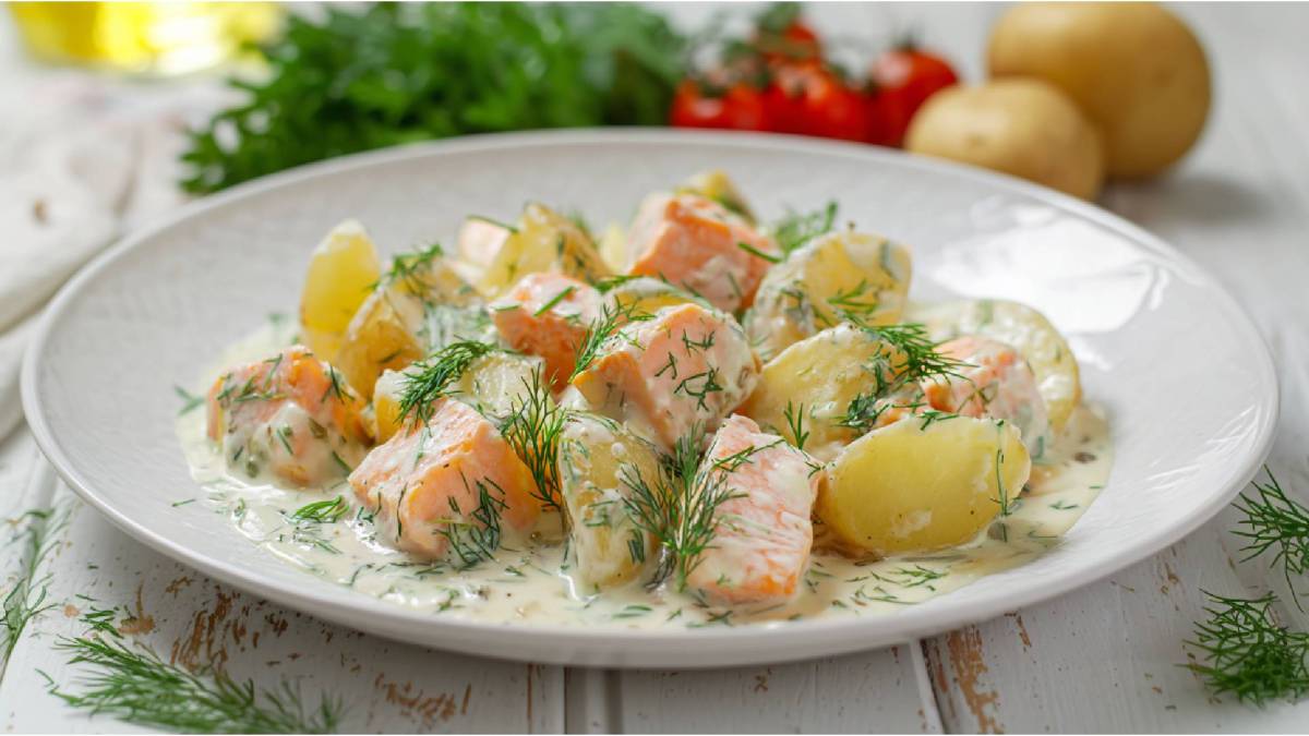 Teller mit Kartoffeln in Dill-Sahnesoße