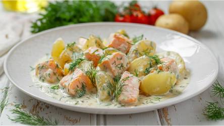 Teller mit Kartoffeln in Dill-Sahnesoße