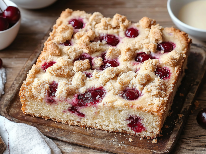 Marzipankuchen mit Kirschen vom Blech auf einer Holzplatte. Daneben liegen frische Kirschen.