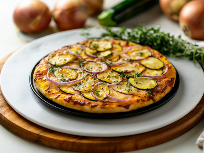 Raclette-Pizza mit Zucchini, Zwiebel und Kartoffeln belegt und mit Kräutern bestreut. Drumherum einige Zutaten.