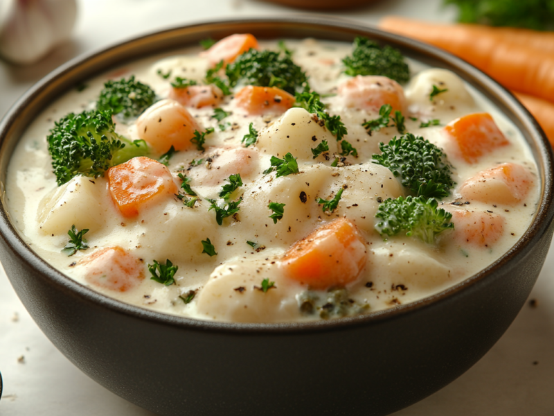 Eine Schüssel Rahmgemüse mit Brokkoli, Karotten und Kohlrabi. Drumherum einige frische Zutaten. Nahaufnahme.