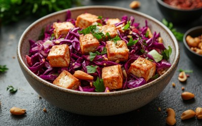 Eine Schüssel Red Coleslaw mit friitiertem Tofu.