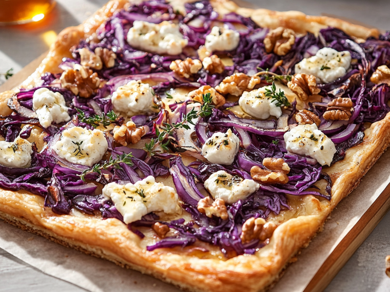 Ein rechteckiges Holzbrett mit Backpapier auf dem ein Rotkohl-Flammkuchen mit Ziegenkäse, Walnüssen und roten Zwiebeln liegt, der mit frischem Thymian und Honig garniert ist. Das Holzbrett steht auf einem hellen Untergrund. Ringsum den Flammkuchen liegen Walnüsse und Thymianzweige verstreut. Im Hintergrund ist verschwommen ein Glas mit Honig angedeutet.