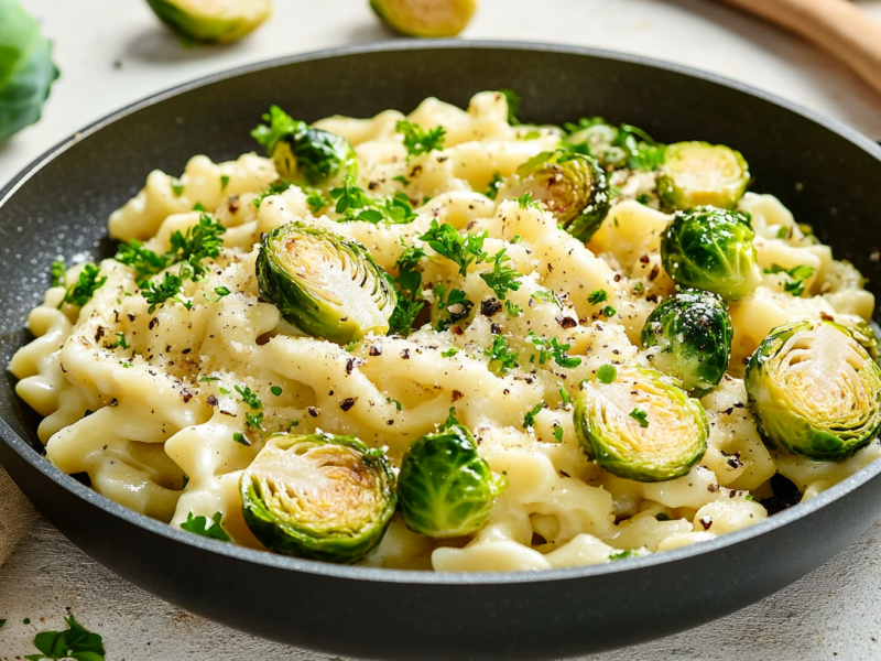 Eine Pfanne mit Spätzle mit Rosenkohl und Kräutern in Sahnesoße. Drumherum ein paar Zutaten.