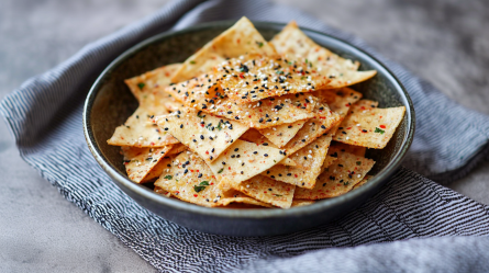 Eine dunkelgraue Schüssel mit selbst gemachten Tofu-Chips, die mit weisem und schwarzem Sesam, Chilipulver und Nor-Flocken gewürzt sind. Die Schüssel steht auf einem dunkelblauen Küchentuch auf einer grauen Arbeitsfläche.