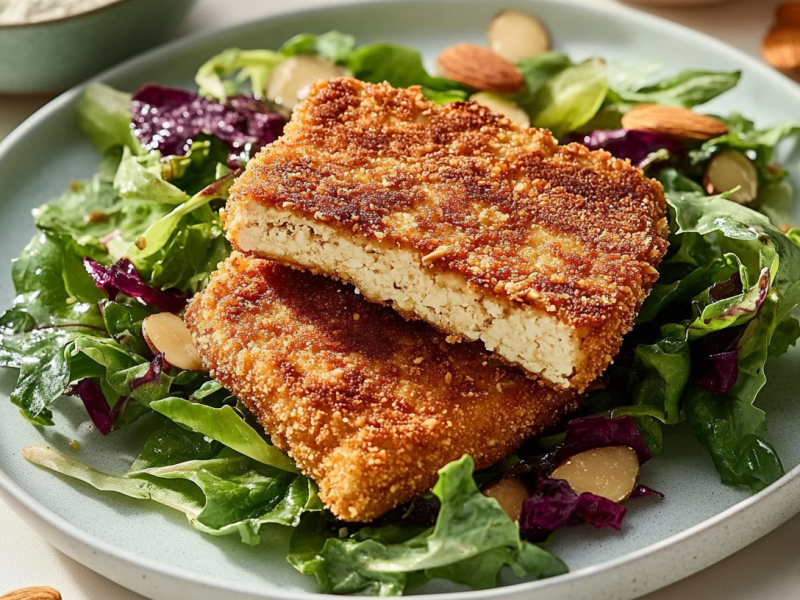 Zwei Tofuschnitzel mit Mandelkruste auf einem Teller mit Salat, Nahaufnahme.