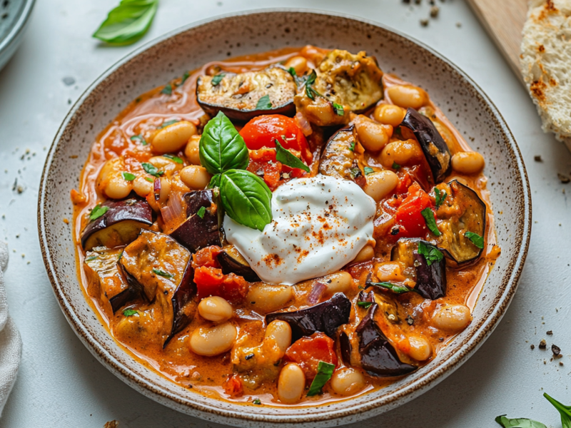 Ein großer Teller mit veganer Auberginen-Bohnen-Pfanne, die mit einem Klecks Joghurt und frischem Basilikum garniert ist. Der Teller ist auf einem hellen Untergrund platziert. Ringsum liegen Basilikumblätter, ein weißes Tuch, auf dem eine Knoblauchzehe liegt und gemahlenes Gewürz verstreut. In der rechten oberen Bildecke ist knuspriges Brot zu erkennen. In der linken oberen Bildecke ist ein weiterer Teller mit veganer Auberginen-Bohnen-Pfanne angedeutet.