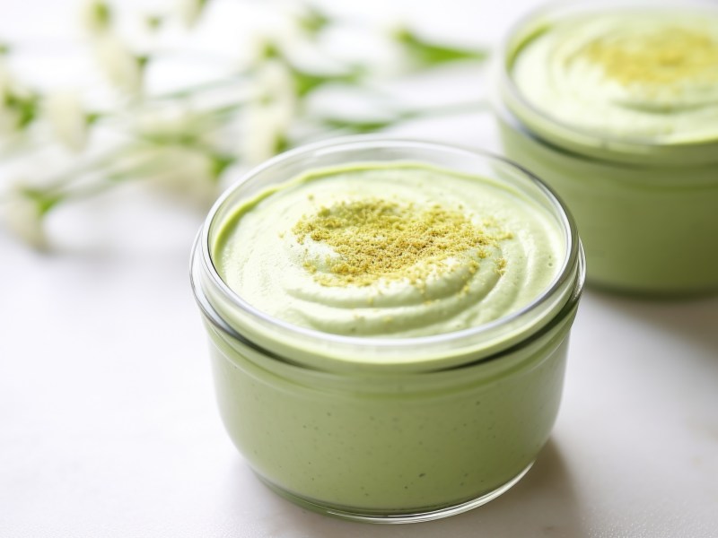 Ein kleines Dessertglas mit veganer Matcha-Weiße-Schokolade-Mousse getoppt mit etwas Matcha-Pulver. In Hintergrund sind verschwommen ein weiteres befülltes Dessertglas sowie einige Pflanzenstiele erkennbar.