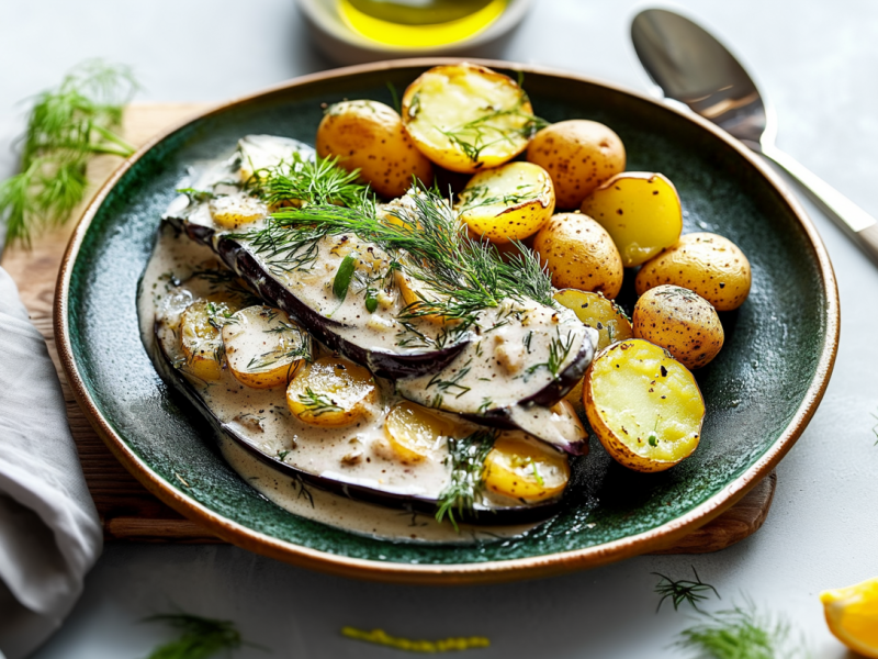 Veganer Hering in Sahnesoße auf einem grünen Teller mit Kartoffeln. Das Gericht ist mit Dill angerichtet. Rechts neben dem Teller liegt ein Löffel, sowie eine geviertelte Zitrone. Der Teller steht auf einem Holzbrett. Daneben liegt ein geknülltes Tuch.