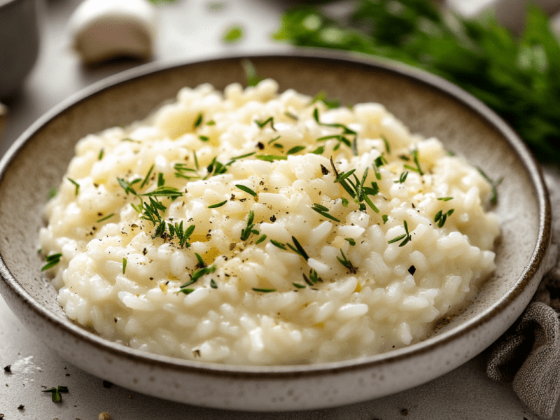 Veganes Risotto auf einem tiefen Teller.