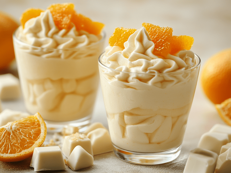 Zwei Gläser weiße Schoko-Orangen-Mousse garniert mit Orangenscheiben. Drumherum weiße Schokostücke und Orangen.