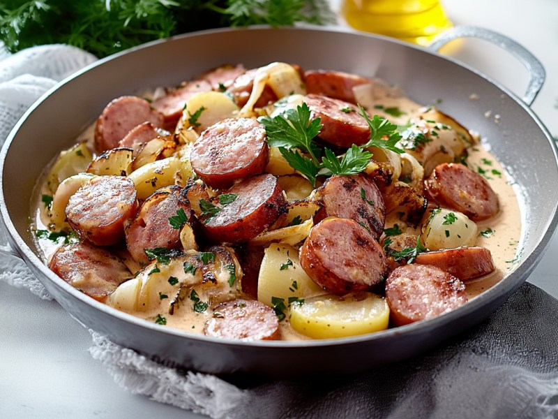 Eine große Portion Wurstpfanne mit Kohlrabi und Senfsoße garniert mit frischer Petersilie. Die Pfanne steht auf einem hellen Küchentuch auf einer hellen Arbeitsfläche. Ringsum ist frische gehackte Petersilie verstreut. Im Hintergrund ist außerdem ein Glasgefäß mit Öl angedeutet und ein Bund frische Kräuter.
