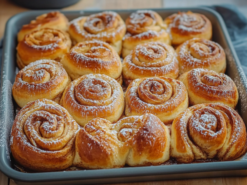 Zimtschnecken vom Blech auf einem Blech, mit Puderzucker bestreut.