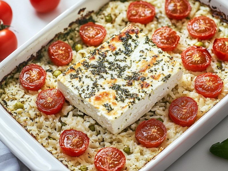 Baked Feta Rice mit Kirschtomaten in einer Auflaufform, neben der Form liegen ein paar frische Tomaten.