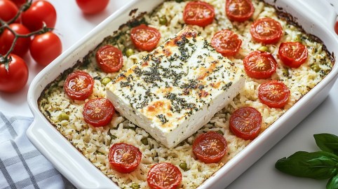 Baked Feta Rice mit Kirschtomaten in einer Auflaufform, neben der Form liegen ein paar frische Tomaten.