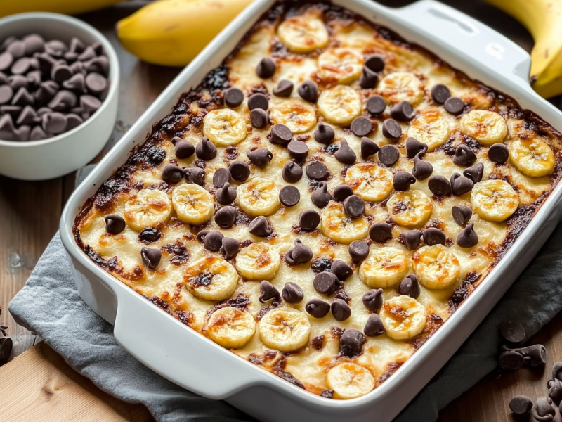 Bananen-Quark-Auflauf in einer Auflaufform aus Keramik- Drum herum liegen Schokotropfen und Bananen.
