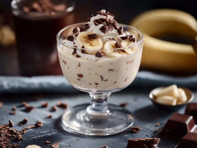 Ein Dessertglas mit Bananenquark, umgeben von Schokoladenstückchen und Bananen.