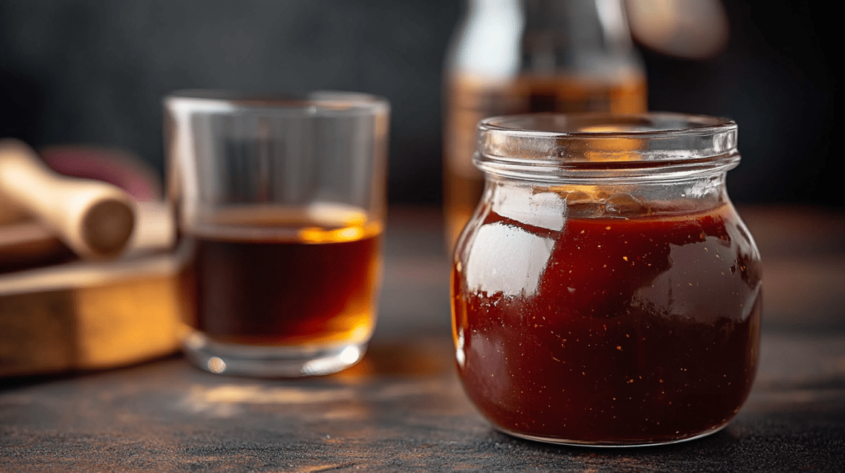Ein Einmachglas mit BBQ-Soße mit Whiskey, das auf einer dunklen Arbeitsfläche steht. Im Hintergrund ist ein Glas mit Whiskey und eine Flasche mit Whiskey zu sehen. Außerdem liegt ein Holzbrett mit nicht näher erkennbaren Kochutensilien aus Holz herum.