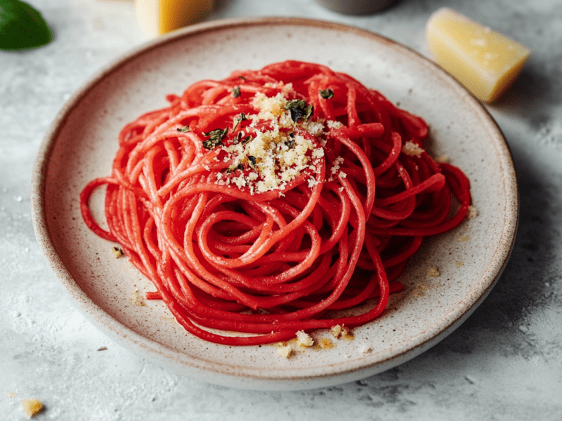 In Rotwein gekochte betrunkene Spaghetti liegen auf einem Teller. Sie sind mit etwas Parmesan bersteut. Nebe dem Teller liegt eine Knoblauchzehe sowie ein Stück Parmesan. Links oben im Bild liegt etwas frischer Basilikum.