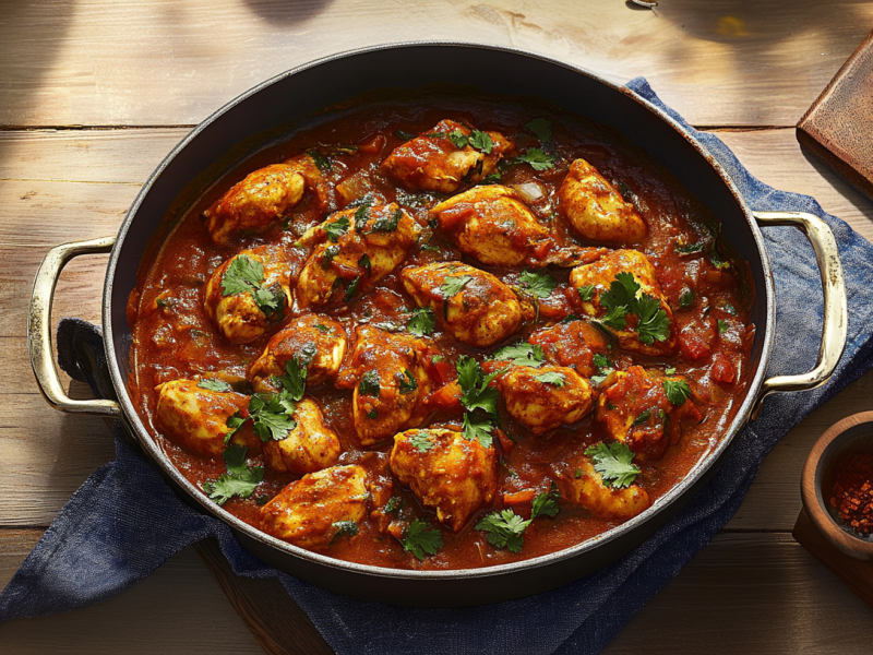 Bhuna-Hähnchen in einer cusseisernen Pfanne.