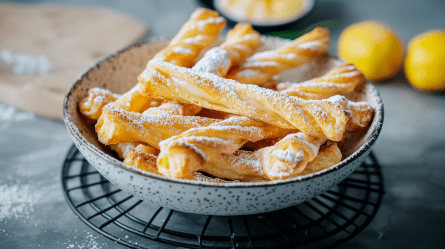 Eine Schüssel mit Blätterteig-Quarkstangen, die mit Puderzucker bestäubt sind. Die Schüssel steht auf einem Gitter-Untersetzer. Im Hintergrund liegt ein Holzbrett, auf dem Mehl oder Puderzucker verstreut ist. Außerdem liegen im Hintergrund zwei Zitronen.