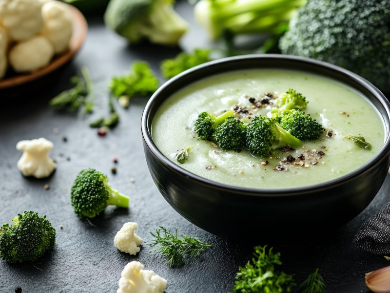 Schale Blumenkohl-Brokkoli-Suppe mit Brokkoli und Blumenkohl daneben