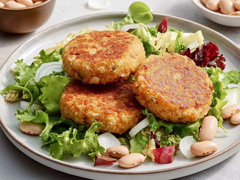 Ein Teller mit Salat und drei Bohnen-Frikadellen, drumherum ein paar kleine Schüsseln mit Zutaten.