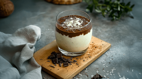 Ein Glas mit Bounty Overnight Oats, die mit einer Schichte dunkler Schokolade überzogen und mit Kokosraspeln bestreut sind. Das Glas steht auf einem Holzbrett, auf dem gehackte Zartbitterschokolade liegt. Neben dem Brett ist ein Küchenhandtuch drapiert. Im Hintergrund kann man eine Kokosnuss und einen grünen Strauch erkennen.