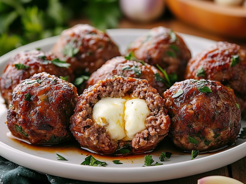 Mehrere Buletten mit Mozzarella-Füllung auf einem Teller, Nahaufnahme.
