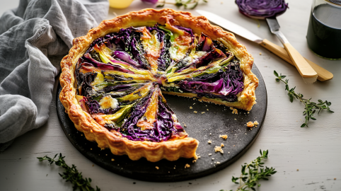 Eine angeschnittene bunte Kohltarte liegt auf einer schwarzen unterlage. Sie ist mit Rotkohl, Wirsing und Weißkohl gefüllt. Um sie herum liegt etwas frischer Thymian. Links neben der Tarte liegt ein Tuch. Rechts ein Messer und ein Tortenheber.