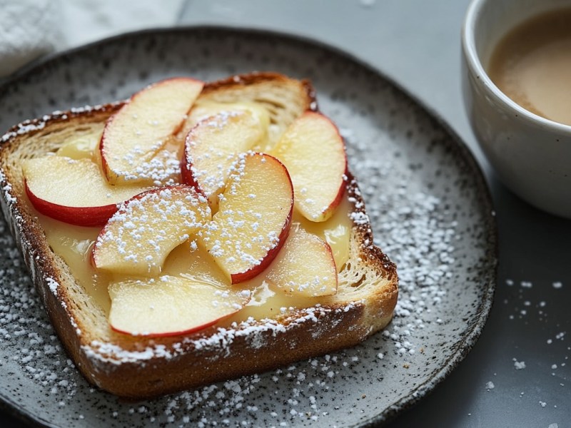 Ein Cheesecake-Toast mit geschnittenem Apfel auf einem Teller, daneben eine Tasse Kaffee.