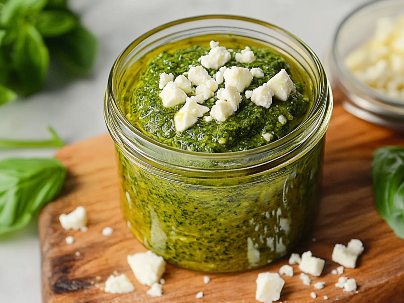 Ein Glas grünes Feta-Pesto mit einigen Feta-Bröseln garniert. Daneben Basilikumblätter und mehr Käse.
