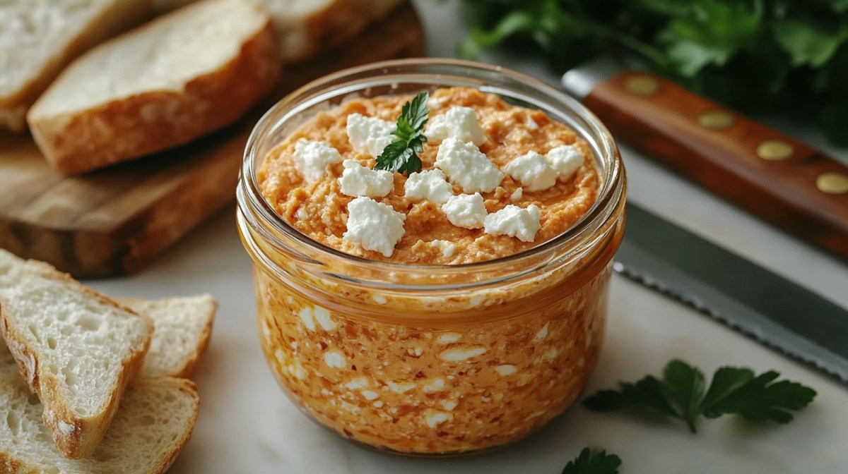 Glas mit Feta-Quark-Aufstrich mit getrockneten Tomaten
