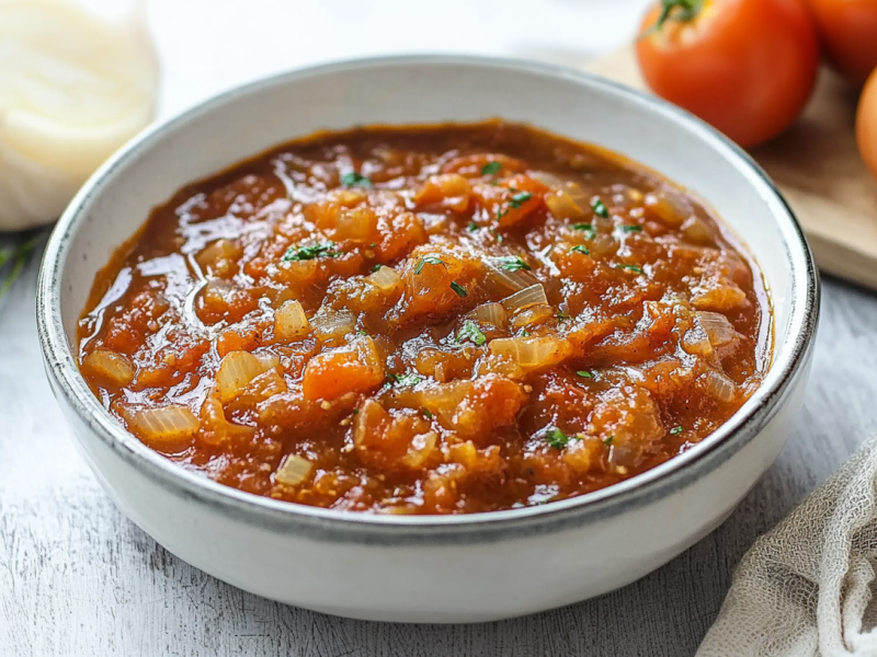 Eine Schüssel Friggione: italienisches Zwiebel-Tomaten-Ragout.