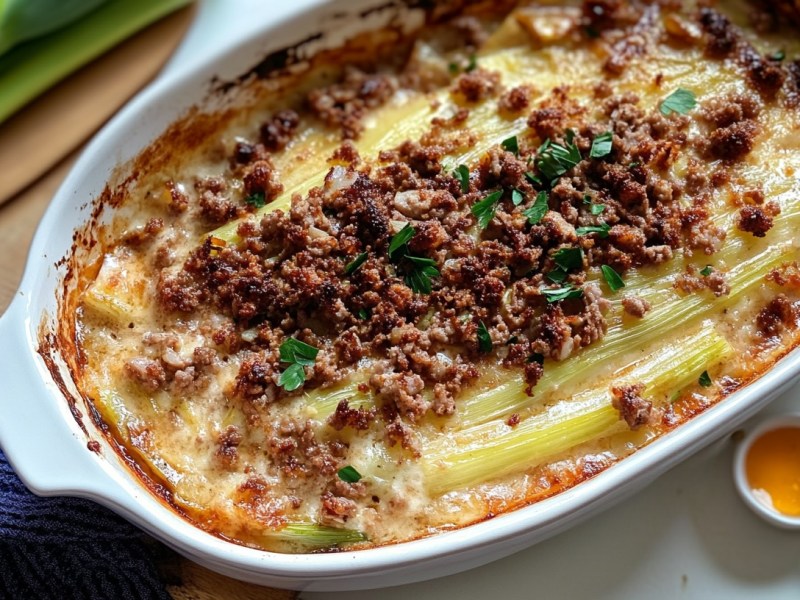 Gebackener Lauch mit Hackfleisch in einer Auflaufform, daneben einige Lauchstangen.
