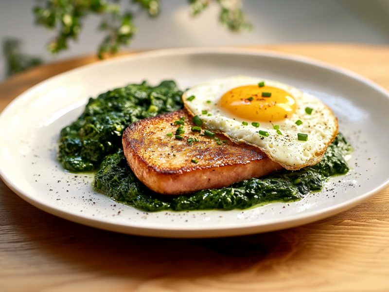 Ein großer Teller mit gebratenem Leberkäse mit Spiegelei und Spinat garniert mit etwas frischem Schnittlauch. Der Teller steht auf einem braunem Holztisch. Im Hintergrund sind Zweige einer Pflanze zu sehen.