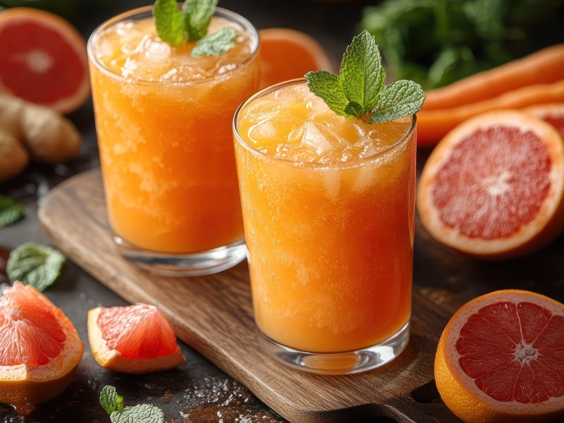 Zwei Gläser Grapefruit-Ingwer-Smoothie mit Grapefruits daneben