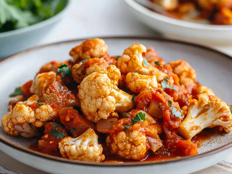 Ein Teller mit Kounoupidi Kapama: griechischer Blumenkohl in Tomatensoße.