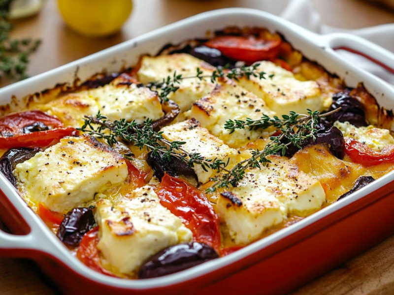 Eine Keramik-Auflaufform mit griechischem Feta-Auflauf.