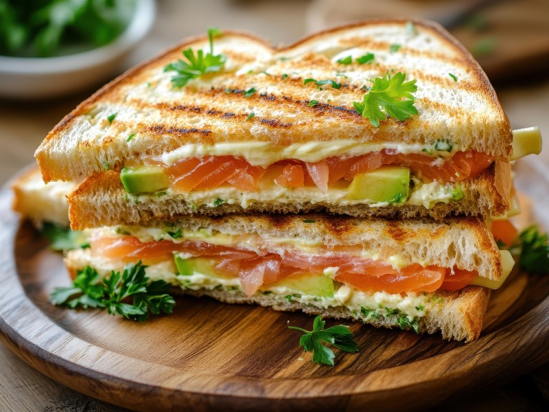 Ein aufgeschnittenes grilled Cheese Sandwich mit Lachs auf einem Holzbrett