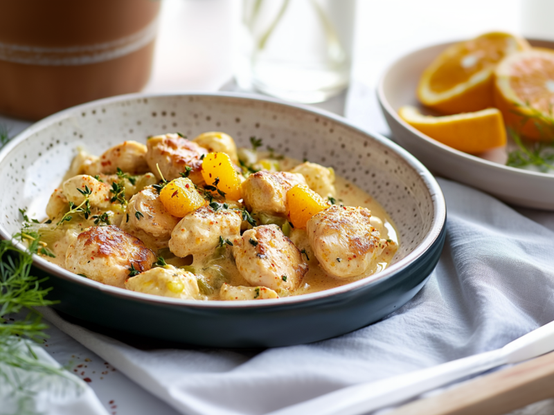 Ein Teller voll Hähnchengeschnetzeltes in Orangen-Sahnesoße, das mit frischen Kräutern, Orangenstücken und Chiliflocken garniert ist. Der Teller steht auf einem hellblauen Küchentuch. Daneben befindest sich ein Teller mit einer aufgeschnittenen Orange. Links neben dem Teller liegt frischer Dill. Im Hintergrund ist ein brauner Blumentopf und eine Glasvase zu sehen.