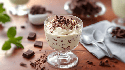 Ein Dessertglas mit einer Portion Herrencreme, die mit Schokoladenraspel garniert ist. Um die Herrencreme herum liegen Schokosplitter und Schokoladenstücke auf der Holzoberfläche. Außerdem ist eine Stoffserviette zu sehen, auf der 2 Löffel liegen, sowie eine kleine Schale mit Schokoladenstücken steht. Es sind weitere Schalen mit Schokosplittern und -stücken verschwommen im Hintergrund zu erkennen. Außerdem liegen einige Blätter frischer Minze auf dem Tisch.