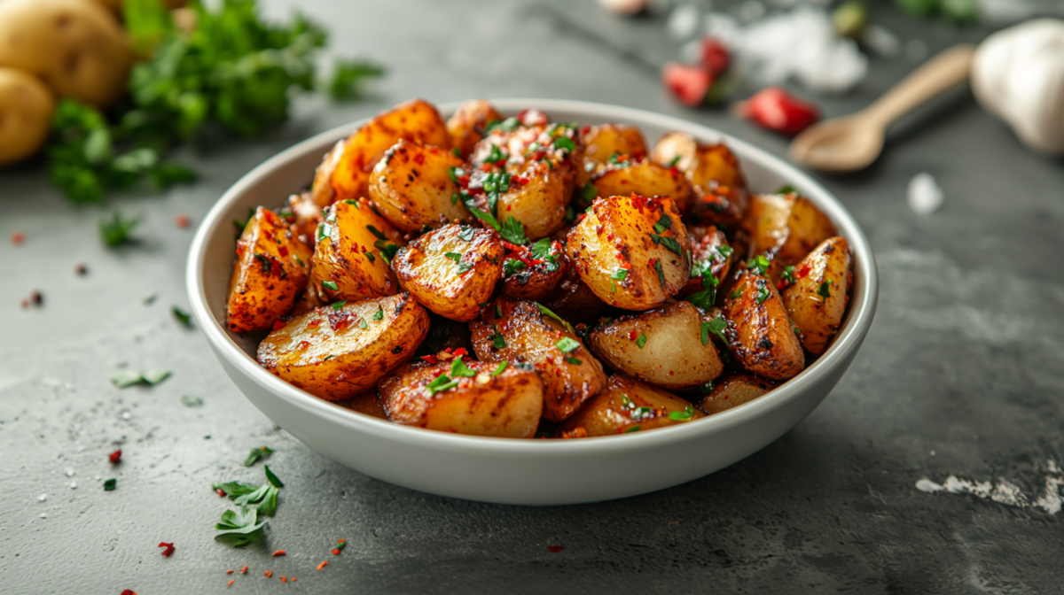 Eine Schüssel mit Honig-Chili-Kartoffeln, die mit frischer gehackter Petersilie garniert sind. Im Hintergrund liegen einzelne Kartoffeln, Petersilie, eine Knoblauchknolle und Knoblauchzehen, ein Holzlöffel und aufgeschnittene rote Chilischoten.