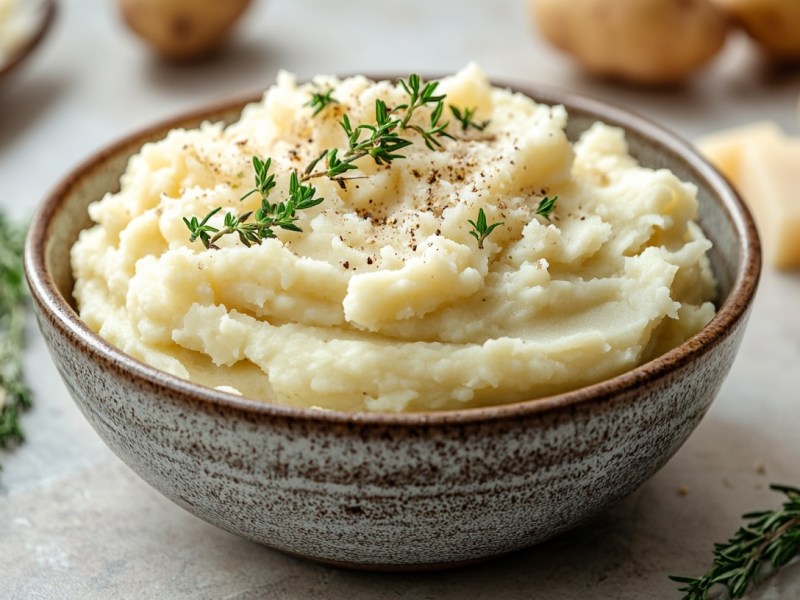 Eine Schüssel Kartoffelpüree mit Parmesan, garniert mit Pfeffer und Kräutern, im Hintergrund unscharf Kartoffeln und Parmesanstücke.