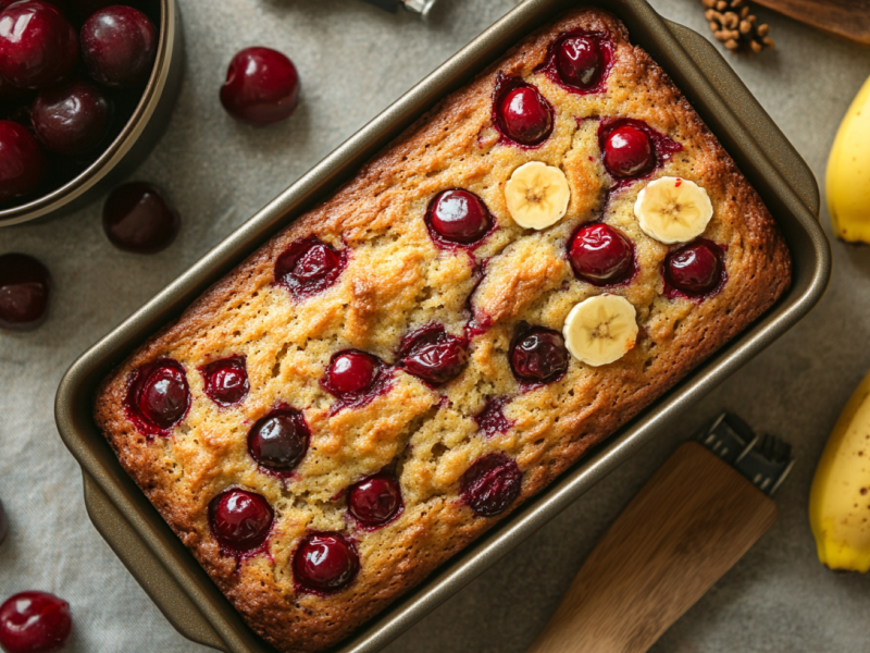 Kirsch-Bananenbrot in einer Kastenform, drumherum Kirschen und Bananen. Draufsicht.